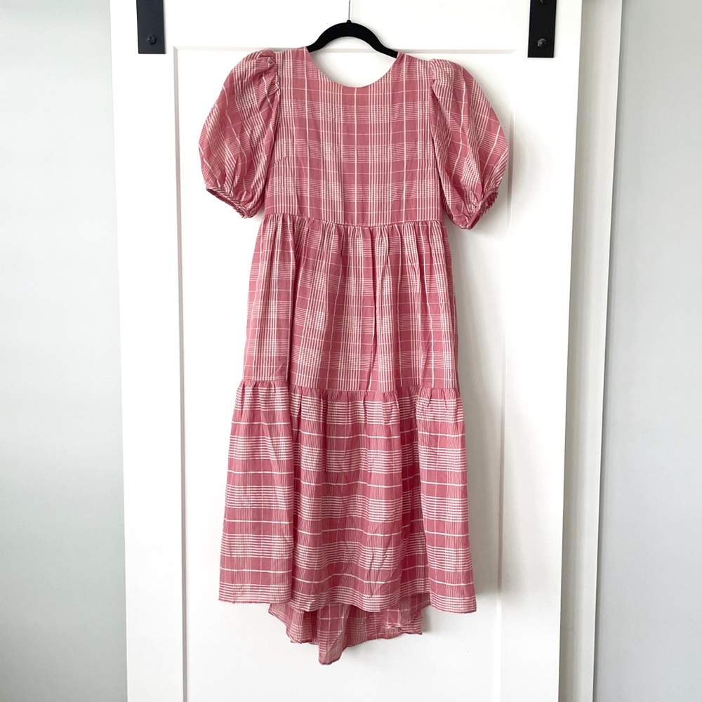 English Factory Pink Plaid Puff Sleeve Midi Dress
